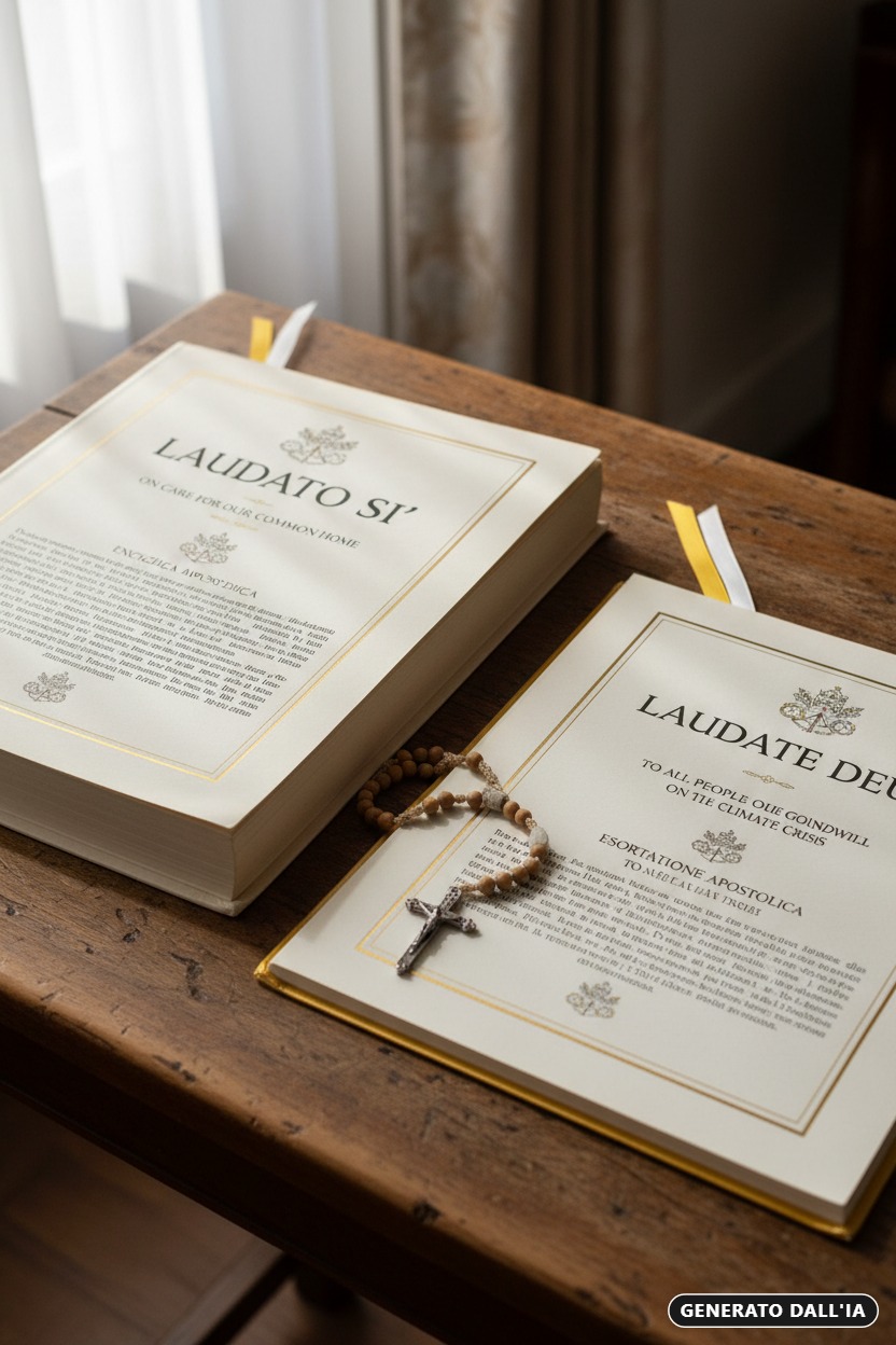 Generato da IA: Due volumi dell'enciclica Laudato Si' e dell'esortazione apostolica Laudate Deum con un rosario appoggiato sopra su un tavolo di legno.