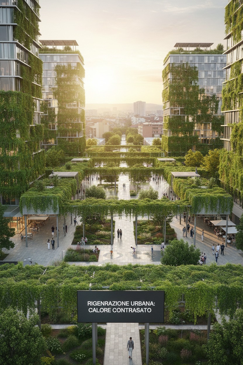 Veduta dall'alto di un complesso residenziale moderno con edifici ricoperti di vegetazione e un parco pubblico centrale al tramonto.