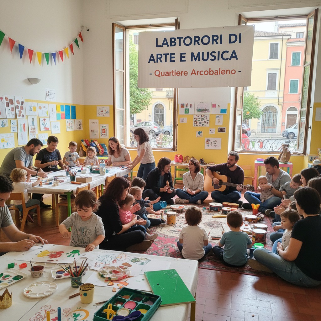Un gruppo di adulti e bambini partecipa a un laboratorio di arte e musica in un'aula scolastica decorata con disegni e bandierine colorate.