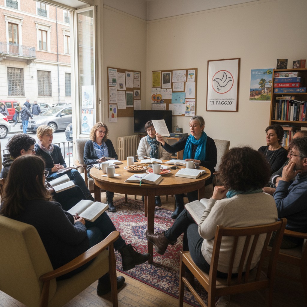 Un gruppo di persone partecipa a una riunione seduto attorno a un tavolo rotondo con libri e documenti aperti.
